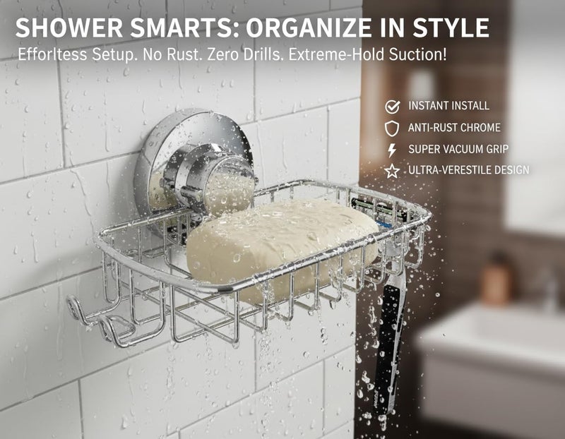 Bathika Soap Dish for Shower Suction Cup Powerful Vacuum System Rustproof 304 Stainless Steel Basket Sponges Holder with Razor Hooks for Bathroom or Kitchen Soap Holder (Silver) - Image 2